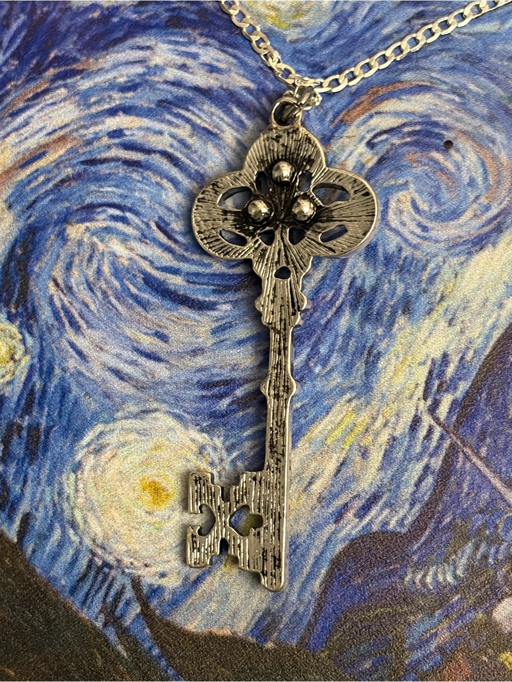 Silver Tone Crystal Key Pendant Necklace - Sparkling Key Charm - Picture 2 of 5
